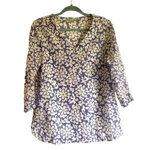 Boden Floral Flower Lightweight V-Neck Tunic Top Cotton Shirt Womens US 10 UK 14